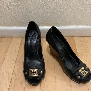 Tory Burch black peep toe wedge.